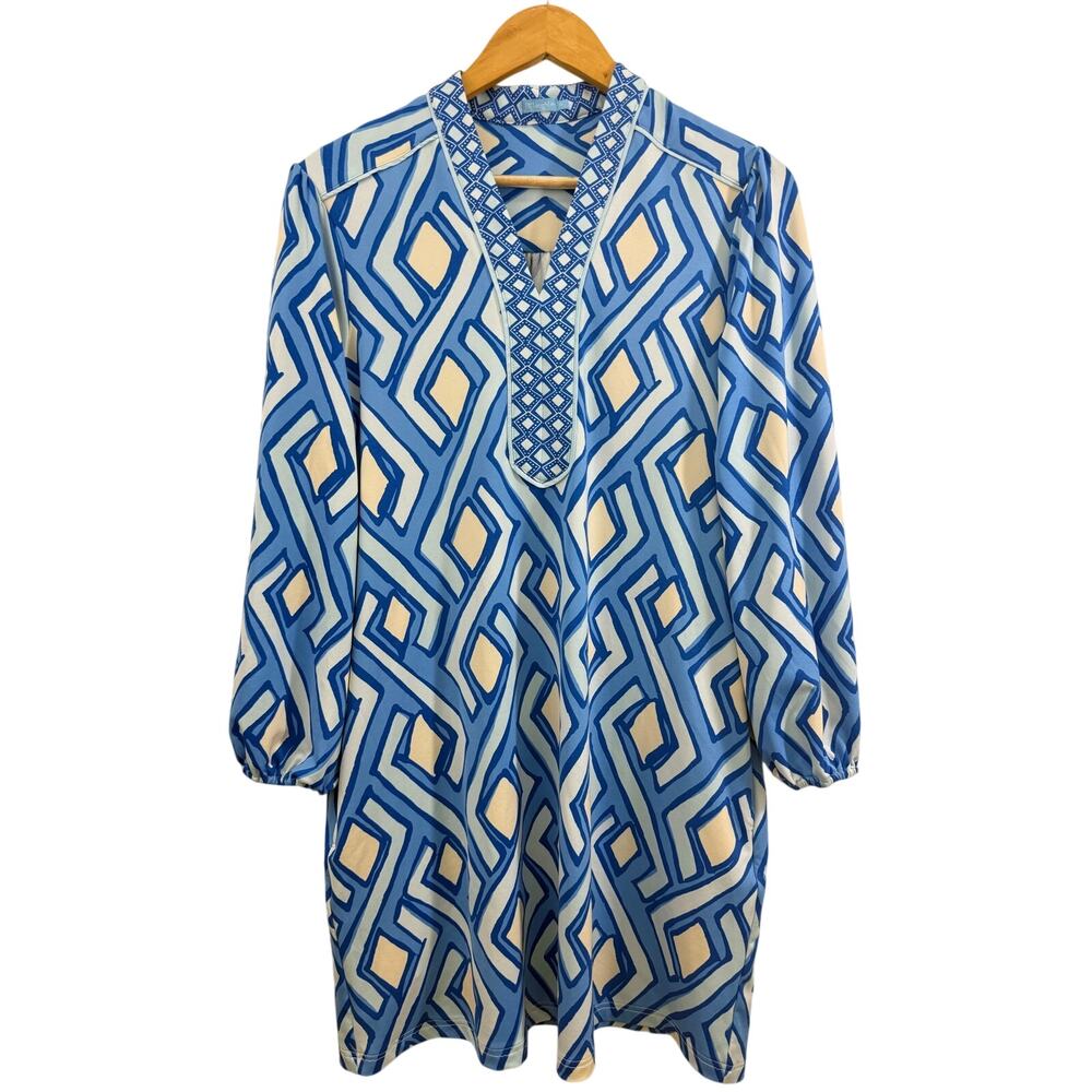 J McLaughlin Emer Dress M Blue Geo Print V-Neck 3/4 Sleeve Midi Casual Resort - Picture 2 of 9